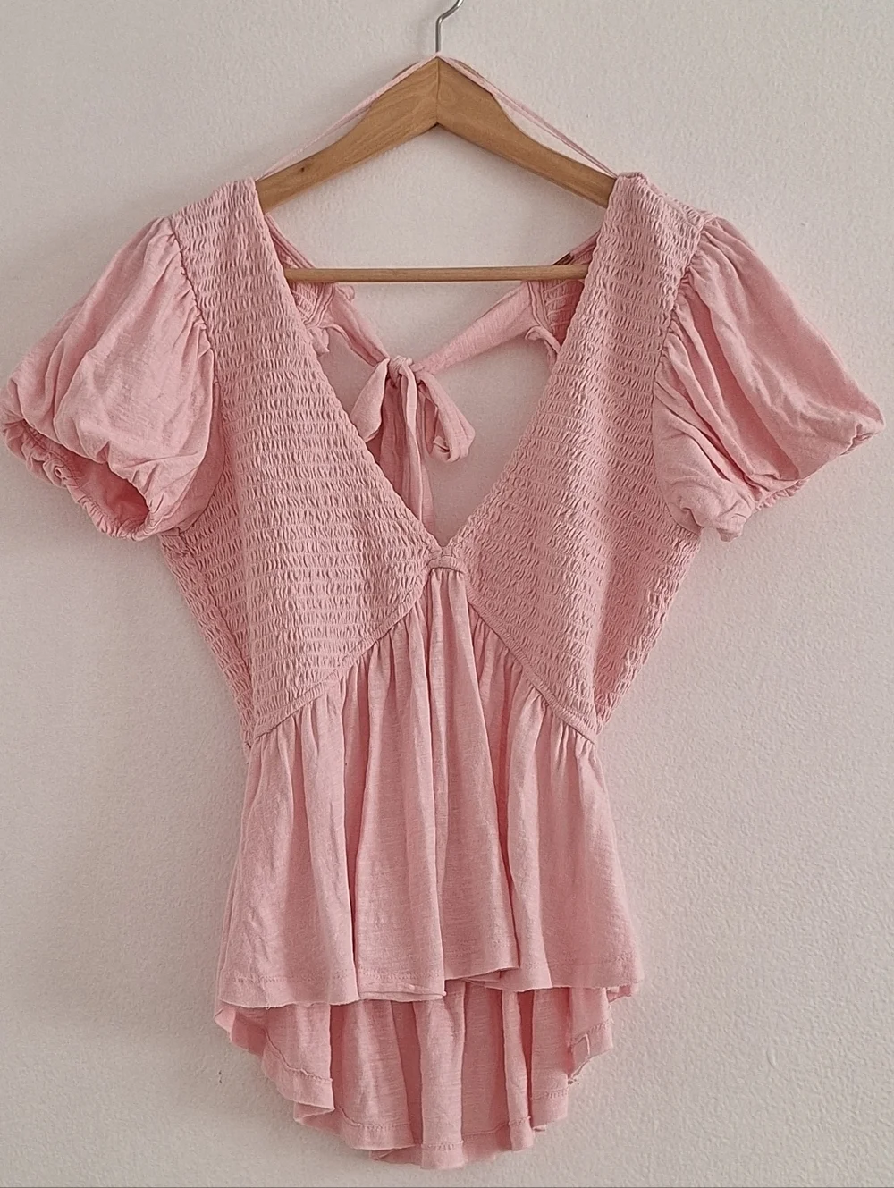 Free People Light Pink Smocked V-Neck Peplum Blouse